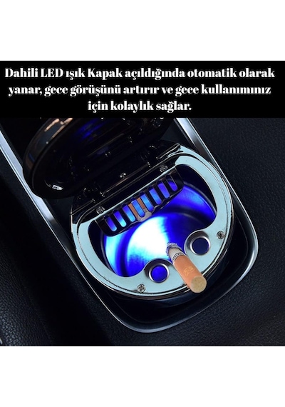 Araç İçi Küllük Pusulalı Işıklı Kapaklı Kokusuz Paslanmaz Çelik İçli Oto Küllüğü Gümüş Glz03504054