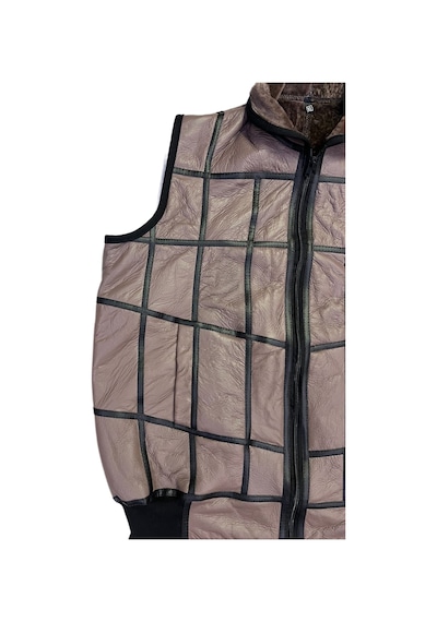 Lnleather Içi Kürk-Dışı Süet Gerçek Deri Yakalı Ve Trikolu Yelek Bej
