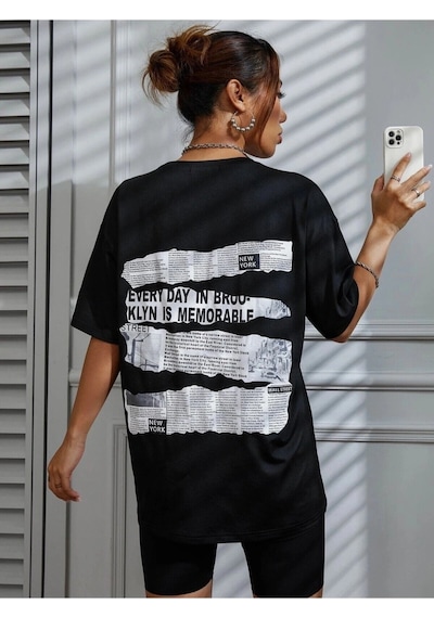 Tarzsokak Brooklyn Slogan Baskılı Gazete Desenli Oversize Siyah