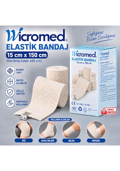 Wicromed Elastik Bandaj 15cm X 150cm Metal Klipsli Esnek Destek Bandajı 5 Adet