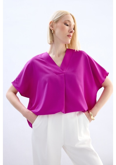 Sateen Geniş Kısa Kollu Bluz - Fuşya-136762 Fuşya