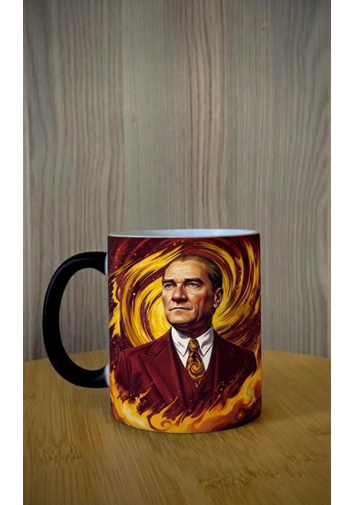 Kişiye Özel Sarı Kırmızı Renk Tasarımlı Atatürk Görsel Temalı Sihirli Kupa Bardak Sarı - Kırmızı