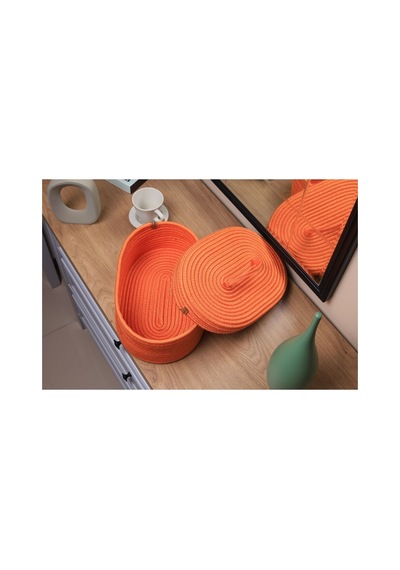 Hasır Jüt Sepet Oval Kapaklı Organizer Düzenleyici 30x20x10 Cm Portakal Portakal