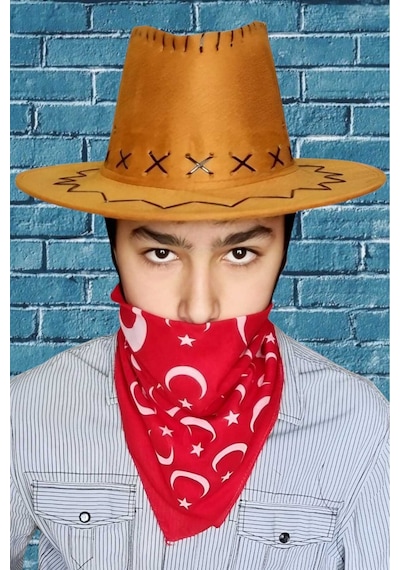 Uniquetrenders Çocuk Unisex Bandanalı Nubuk Kovboy Şapkası 8-14 Yaş Taba 4