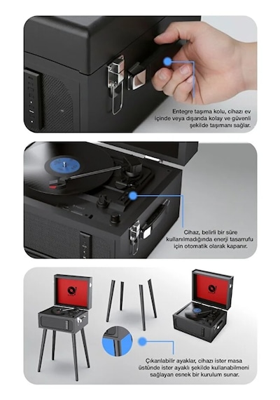 Bluetooth Retro Pikap Plak Çalar Taşınabilir Çanta Tasarım, Usb & Aux Destekli, 33/45/78 Rpm