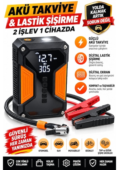 Fürtger Frt-4 Ü 1 Arada Dijital Göstergeli Powerbank Led Fener Hava Kompresörü Şarjlı Akü Takviye Cihazı