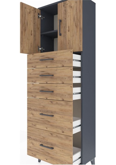 Arges Dolap 2 Raflı 5 Çekmeceli 2 Kapaklı 60x30x182 Antrasit-çam Antrasit