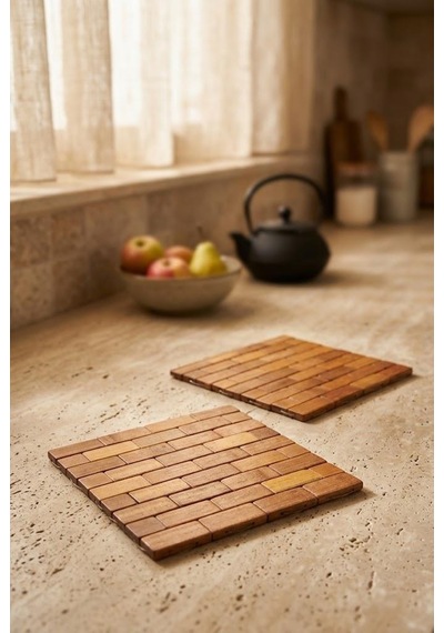 Atbyhome 2'li Isıya Dayanıklı Doğal Bambu Nihale Seti 18x18 Cm - Sıcak Tencere Çaydanlık Tava Altlığı