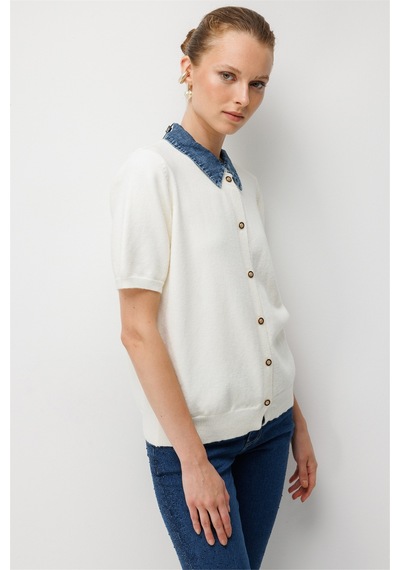 On Kadın Denim Detaylı Kısa Kollu Triko Hırka 10509 Ekru