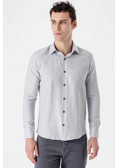 İmza Gri Uzun Kollu Desenli Armürlü Sert Yaka Cepsiz Pamuklu Slim Fit Dar Kesim Gömlek 1004235168-gri Gri