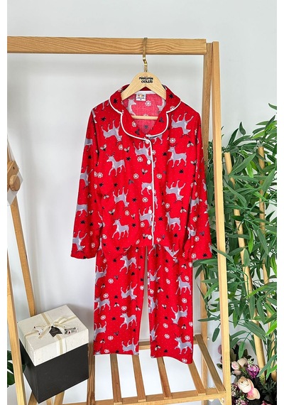 Miniğimin Cicileri Geyik Desenli Süet Kız Çocuk Pijama Takımı - Kırmızı