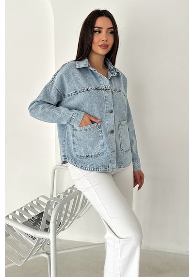 Kadın Cepli Düğmeli Denim Ceket Light Frame mavi