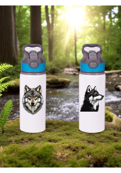 Kurt Baskılı 2'li Pipetli Matara Suluk 650 Ml Beyaz