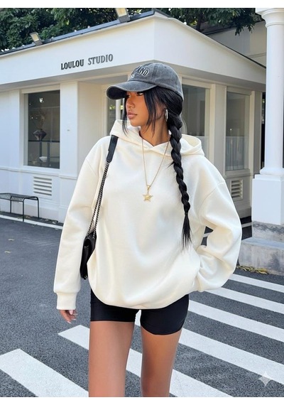 Afri Kadın Ekru Oversize Kapüşonlu Sweatshirt Taş Detaylı F Ck Off Yazılı Rahat Günlük Kapüşonlu Üst Ekru