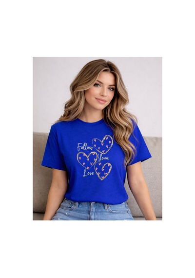 Herkesemoda Follow You Love Baskı Detaylı Kadın Bisiklet Yaka Pamuklu T-shirt Mavi