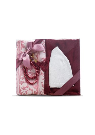 Seccade + Eşarp + Takke + Tesbih  Seti Asetat Kutulu, Bordo Bordo 65 x 110 CM