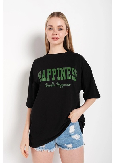 Startmore Kadın Siyah Happıness Baskılı Oversize Tshirt Siyah