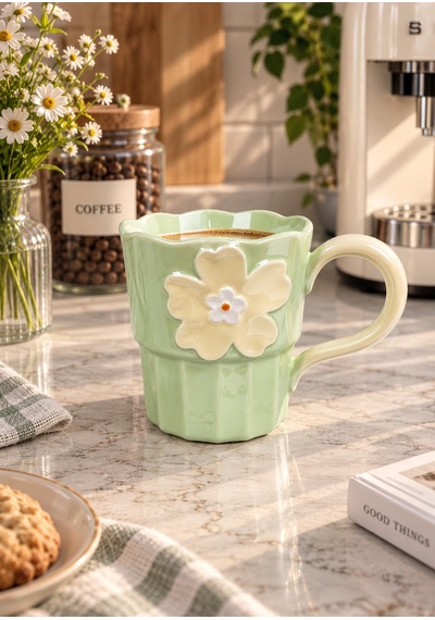 Petal Lüsterli Yeşil Porselen Kupa 360 Ml-7751 Çok Renkli