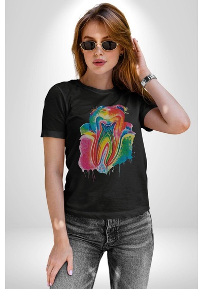 Diş Doktoru Diş Anatomisi Özel Tasarım Unisex Unisex Siyah Organik Baskılı T-shirt Penye Yüksek Kalite Siyah