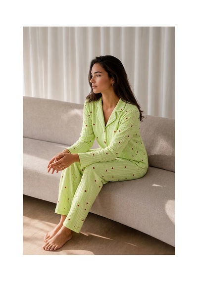 Fit Women Kadın Uzun Kollu Düğmeli Yeşil Pijama Takımı