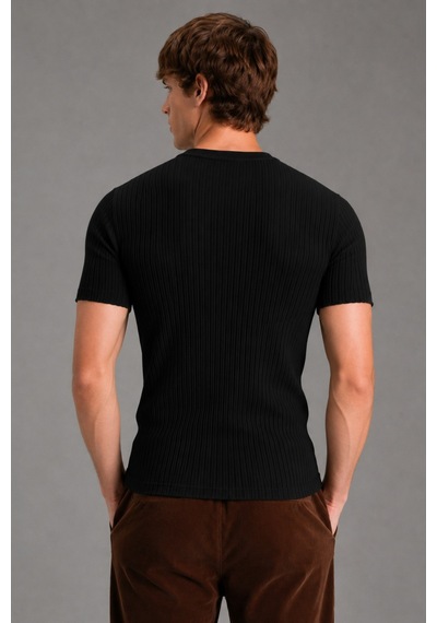 Tarz Cool Erkek Fitilli Likralı Slim Fit Bisiklet Yaka Tişört Siyah
