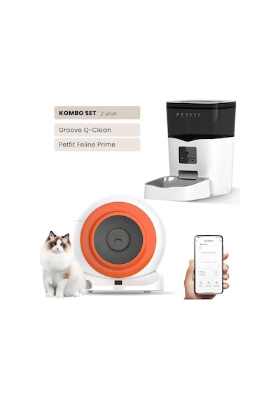 Groove Q-clean Wi-fi Akıllı Otomatik Kedi Tuvaleti Turuncu + Petfit Feline Prime 3l Wi-fi Kameralı Akıllı Otomatik Mama Kabı Besleme Ünitesi Bundle