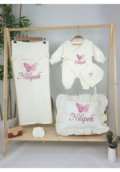 Gros Shop Müslin Yeni Doğan 4katlı Organik %100pamuk Kişiye Özgü Nakışlı Hastane Çıkış Seti Çoklu Kelebek-2 Ekru