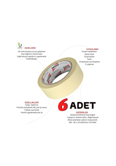 Dayson Kağıt Bant 48Mm X 35 Metre Maskeleme Bandı 6 Adet