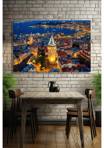 İstanbul'un Simgelerinden Galata Kulesi Gece Manzarası Yatay Kanvas Tablo 4457 Çok Renkli