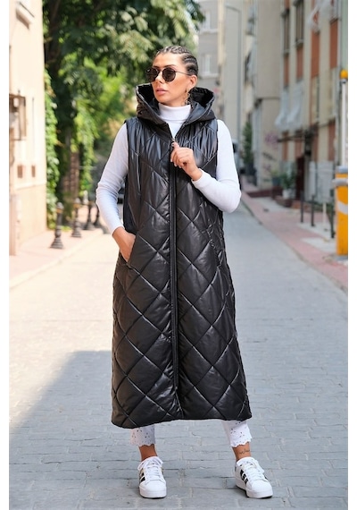 Keyifli Moda Kadın Siyah Kapüşonlu Cepli Baklava Desen Uzun Şişme Yelek