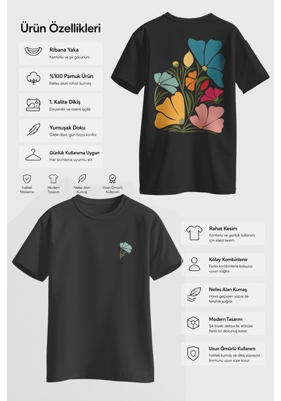 Spoyi Pastel Flora Tasarımlı %100 Pamuk Yarım Oversize Siyah T-shirt
