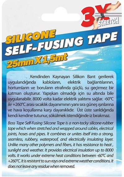 Silikon Kaynayan Çok amaçlı Bant Boru patlak ve Tamir Bandı Şeffaf 25mmx1,5Mt