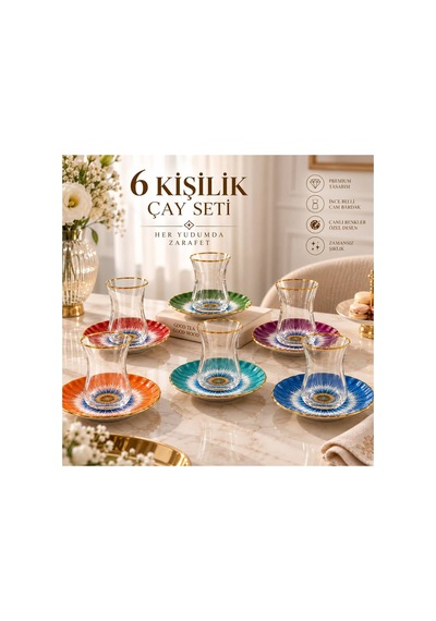 6 Kişilik 12 Parça Renkli Çay Takımı, Gold Detaylı Modern Tasarım çok renkli