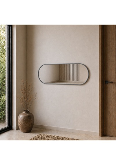 Modern Oval Boy Aynası 40x120 Cm Minimalist Çerçeveli Dekoratif Duvar Aynası 2026 Trend Gri