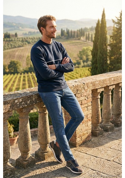 Buratti Pamuklu Şerit Detaylı Relaxed Fit Bisiklet Yaka Erkek Sweat 5901227 Lacivert