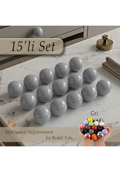 15 Adet Sert Plastik Düğme Yuvarlak Top Gri Dolap Mobilya Mutfak Dolabı Çekmece Kulbu Kulpu Kulplar