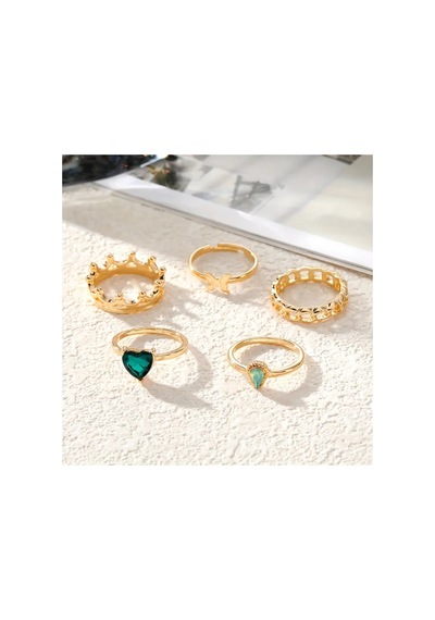 Lavin 6 Adet Yeşil Taşlı Aşk Temalı Şık Vintage 14 Şubat Sevgiliye Hediye Gold Altın Yüzük Seti