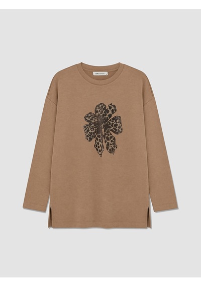 Lcw Everyday Kahverengi Çiçekli Oversize Soft Touch Kadın Tunik
