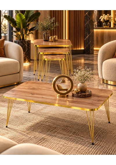 Odera Ceviz Orta Sehpa Ve Zigon Sehpa 4'lü Set Metal Tel Ayaklı Modern Retro Salon Sehpası Diğer