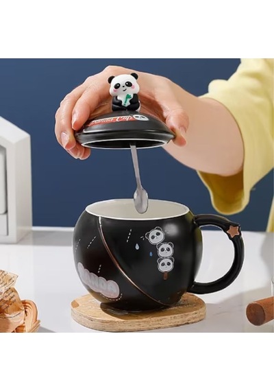 Kapaklı Panda Temalı Kupa Bardak-siyah