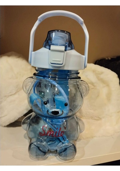 Ayıcıklı Matara 1000 Ml, Şeffaf Su, Suluk, Okul, Ofis, Seyahat, Bpa İçermez Mavi Plastik Diğer