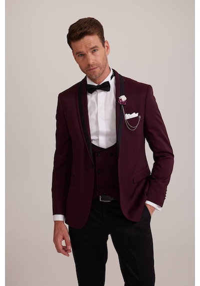 Ysf Erkek Bordo Çıkma Şal Yaka Slim Fit Damatlık