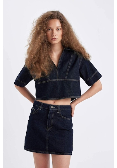 Defacto Fashion Fit Polo Yaka Kısa Kollu Jean Bluz D3716AX24AUNM34