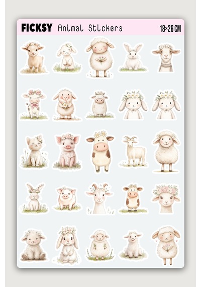 Sevimli Çiftlik Hayvanları Sticker Seti - 25 Adet Etiket Çıkartma Çok Renkli