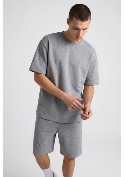 Gri Melanj Oversize Fit Basic Erkek Şort Takım - 85292 GRİ MELANJ