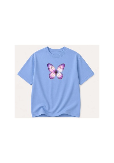 Herkesemoda Mor Kelebek Baskı Detaylı Kadın Bisiklet Yaka Pamuklu T-shirt Mavi