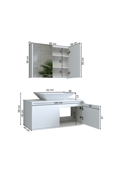 Banos Banyo Roomart Lavabolu Mat Beyaz Mdf 100Cm Banyo Dolap+Ayna Mat Beyaz