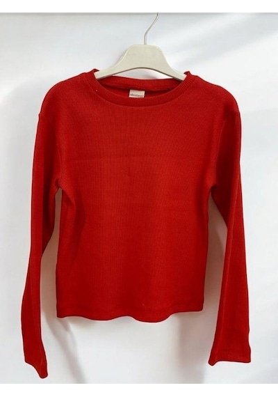 Kız Çocuk Pamuklu Kaşkorse Crop Bluz-14352 Kırmızı