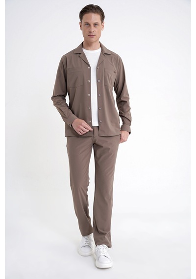 Comfort Fit Apaş Yaka Doku Desenli %100 Pamuk Vizon Gömlek Ceket G 1601