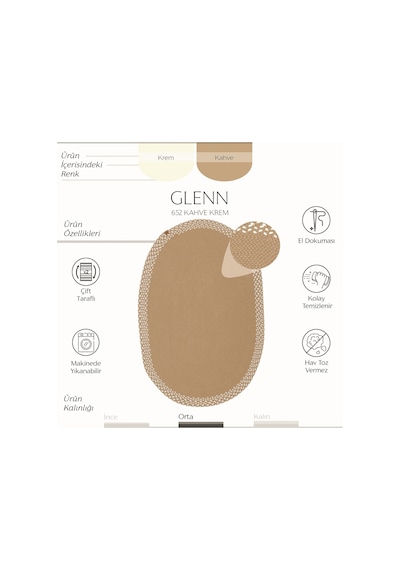 Cool Halı Glenn Kahve Krem Oval Pamuklu Kilim El Dokuması Örgü Çift Taraflı Yıkanan Mutfak Kilimi Kahverengi